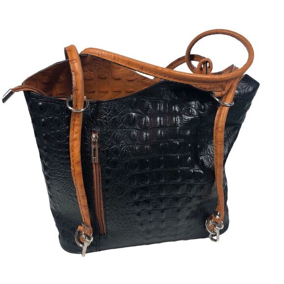 Moda In Pelle Purse Womens Black Ostrich Pattern Italian Leather Tote Backpack - Picture 15 of 16